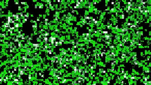 Abstract digital pattern with bright green squares on deep black background