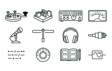 Amateur radio and morse code telegraphy equipment vector doodle set featuring straight key paddle hf transceiver s meter headphones dipole antenna and station logbook © ACEETO