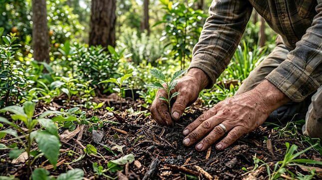 Man planting a seedling in the soil in a forest area. Agroforestry.
