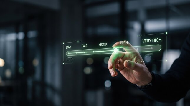 Man's finger interacting with holographic slider interface showing rating scale from low to very high, illustrating futuristic user experience feedback system and digital