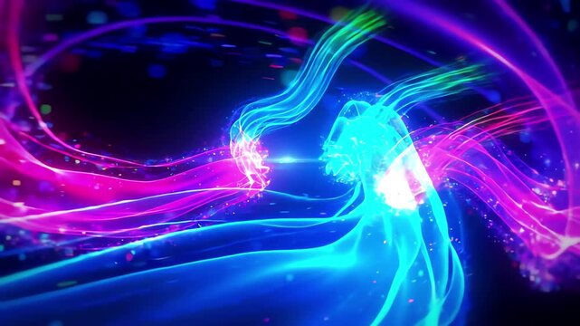Vibrant abstract neon light waves flowing through dark black space with dynamic motion blur and glowing blue trails