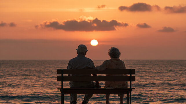 A serene sunset view of an elderly couple sitting on a bench by the ocean, enjoying each other's company as the sun sets on the horizon, symbolizing love and companionship.