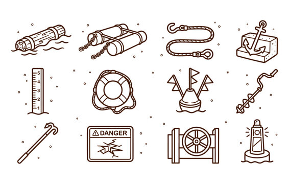 Waterway safety and marine navigation equipment vector doodle set featuring floating log boom pontoon barrier marker buoys lifebuoy anchor block and danger warning sign
