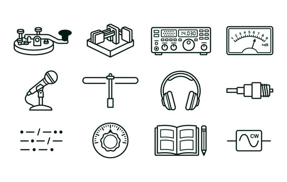 Amateur radio and morse code telegraphy equipment vector doodle set featuring straight key paddle hf transceiver s meter headphones dipole antenna and station logbook