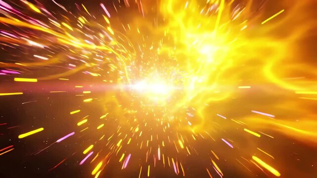 Golden yellow warp speed motion background with glowing starburst light streaks flying towards the camera in an abstract bird eye view perspective