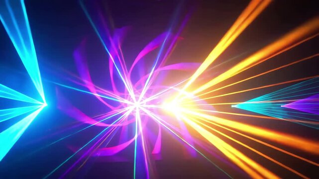 Slow pan across a vibrant abstract laser light display featuring bright colors dancing and intertwining, creating a mesmerizing visual experience that captivates the viewer