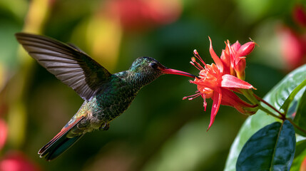 Fototapeta premium A vibrant hummingbird feeding on a bright red flower in a lush green garden. The delicate beauty of nature captured in a moment of tranquility and harmony.
