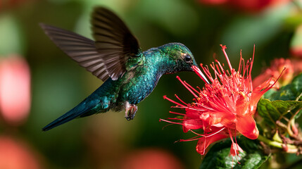 Fototapeta premium A vibrant hummingbird hovering near a striking red flower, showcasing its iridescent feathers in the sunshine, illustrating the beauty of nature and wildlife.