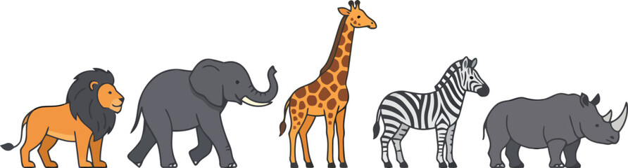 Obraz premium A collection of five diverse African safari animals standing in a row.