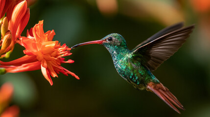 Fototapeta premium A vibrant hummingbird sipping nectar from a bright orange flower, showcasing its iridescent feathers and graceful flight in a colorful natural setting.