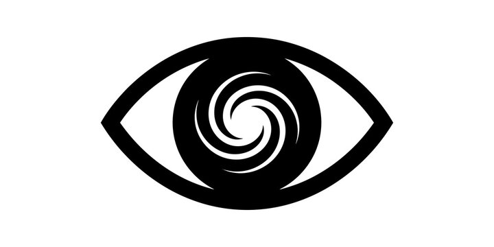 Abstract eye symbol with spiral iris design isolated on white canvas backdrop.