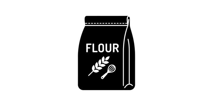 Flour bag icon featuring wheat and whisk for baking on clear backdrop use.