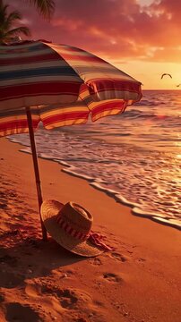 Nostalgic sun drenched tropical beach scene featuring a vintage striped umbrella and straw hat on golden sand with gentle waves at sunset