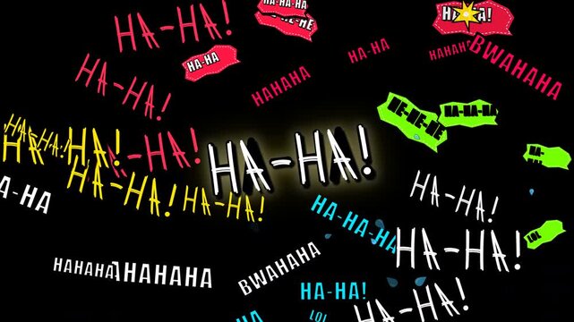 laughter sound effects comic text pattern with colorful typography on black background for humor and comedy concepts