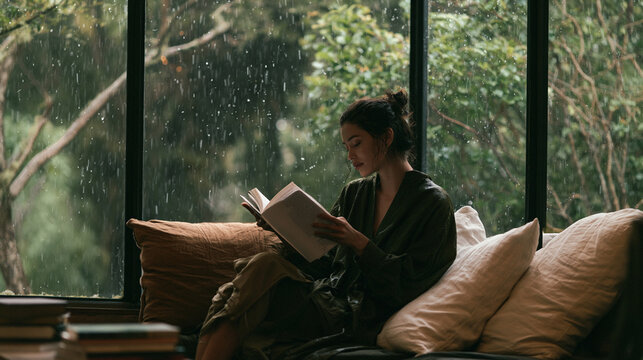 A woman enjoys reading a book by the window on a rainy day, surrounded by a cozy atmosphere and nature. Perfect for showcasing relaxation, comfort, and quiet moments indoors.