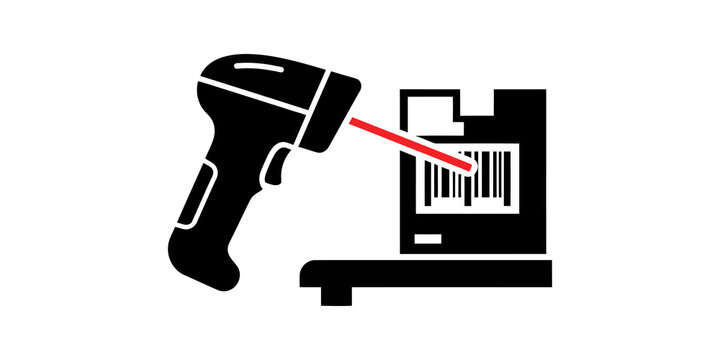 Barcode scanner reading product label icon on clear white background.
