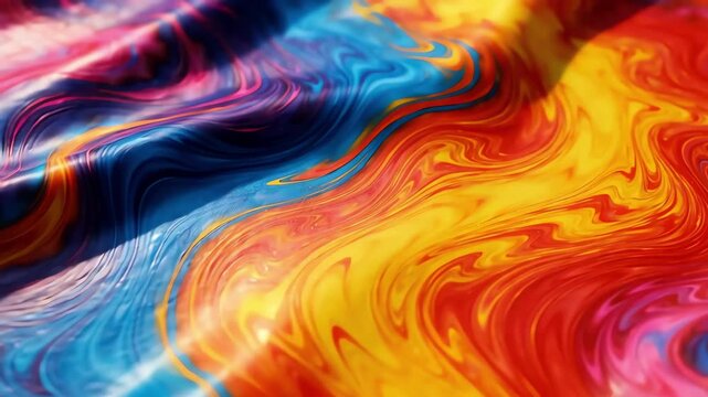 Vibrant tie dye material with colorful waves in pink purple blue orange and yellow reflecting light in a smooth liquid motion across the surface