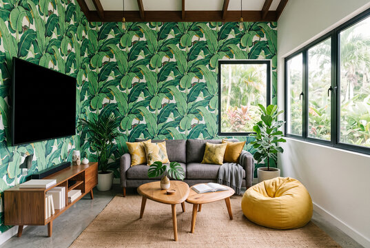 Contemporary tropical living room with botanical wallpaper and wooden furniture