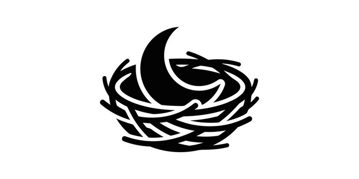 Birds nest holding crescent moon icon design for nature and sleep themes.