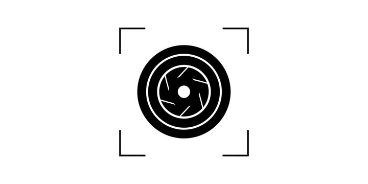 Camera shutter aperture icon inside digital focus frames on isolated space.