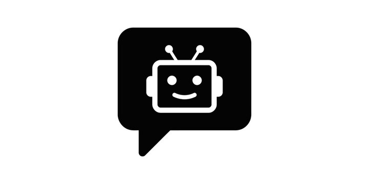 Chat bubble with robot head icon isolated on white backdrop tech design.