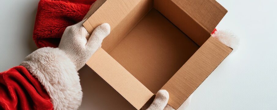 Santa Claus opening the box with your order received,receiving delivery box with gifts, producing wrap from package,unpacking,unboxing,Merry Christmas,Shipping,courier service on Xmas,Holiday season.
