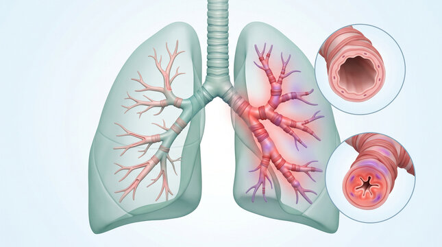 Detailed medical illustration showing human lungs and bronchial tubes with inflammation in clear view