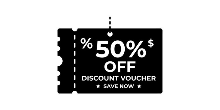 Discount voucher coupon tag fifty percent off on isolated clear surface.