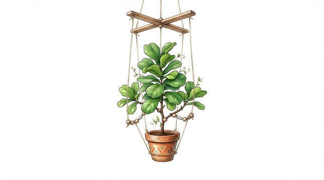 Potted fiddle leaf fig plant hanging from wooden structure with strings and beads isolated against white background showcasing botanical interior decor illustration style