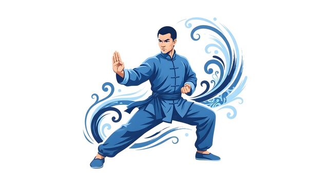 Expert martial artist demonstrating traditional kung fu combat stance wearing blue uniform surrounded by dynamic flowing wave graphics against clean white background
