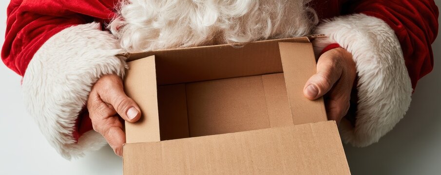 Santa Claus opening the box with your order received,receiving delivery box with gifts, producing wrap from package,unpacking,unboxing,Merry Christmas,Shipping,courier service on Xmas,Holiday season.
