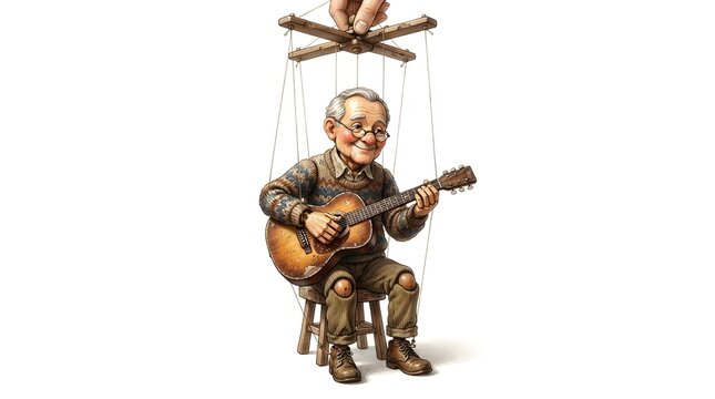 Elderly male marionette puppet controlled by strings from above while joyfully sitting on stool and playing acoustic guitar inside bright isolated white background studio