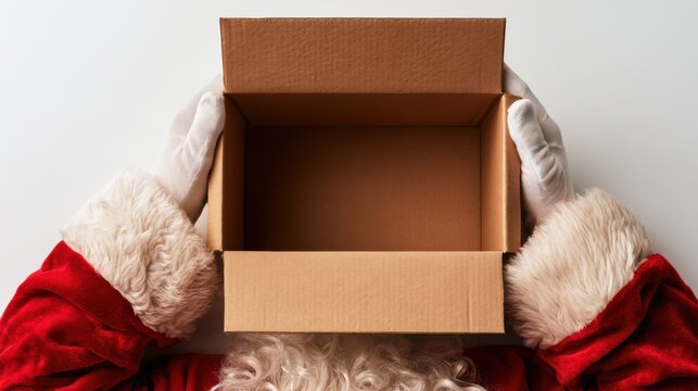 Santa Claus opening the box with your order received,receiving delivery box with gifts, producing wrap from package,unpacking,unboxing,Merry Christmas,Shipping,courier service on Xmas,Holiday season.
