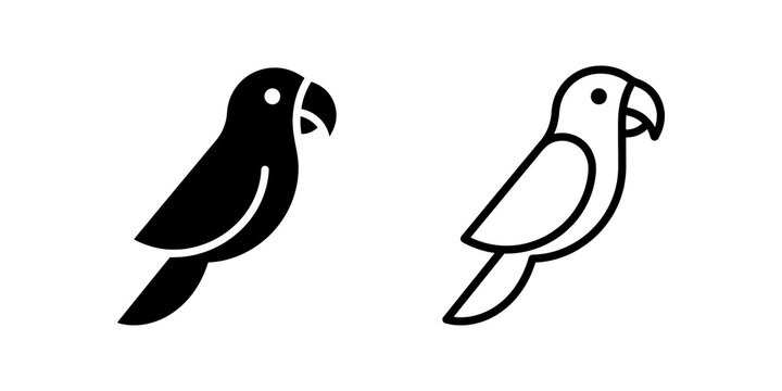 Parrot silhouette and outline bird icons set isolated on neutral canvas.