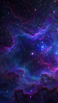 Cinematic deep space nebula with vibrant purple and blue cosmic clouds and twinkling stardust moving through the galaxy