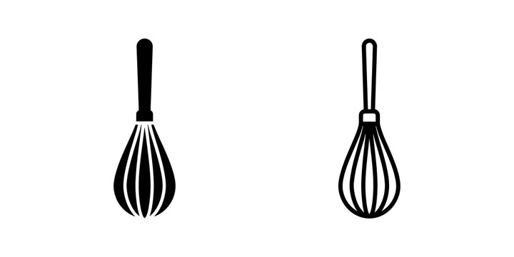 Kitchen whisk icon set featuring solid and outline on empty backdrop.