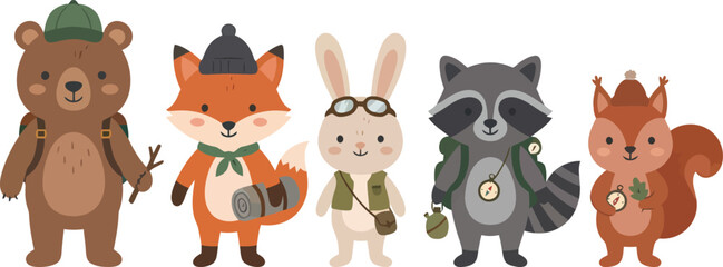 Fototapeta premium Cute woodland animals dressed as little explorers and scouts standing in a row.