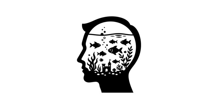 Human head profile with internal aquarium elements on neutral canvas layer.
