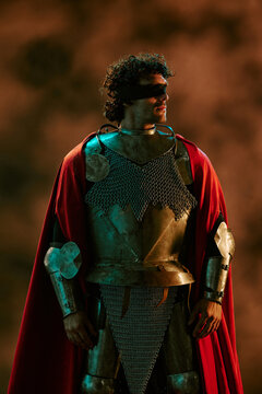Blindfolded young adult Caucasian knight in armor standing turned sideways, representing blind trust and destiny. Ideal visual for gaming and fantasy storytelling marketing, vertical