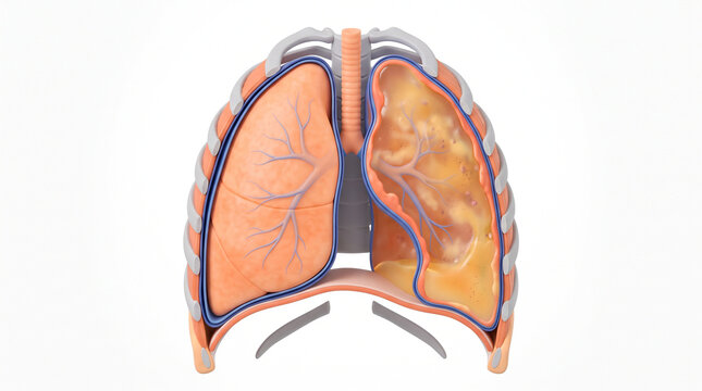 Human lungs and pleural effusion medical illustration showing fluid buildup inside the chest cavity