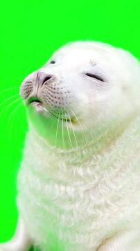 Realistic 3D animation of a cute white harp seal pup blinking and moving its head on a vibrant green screen background for compositing