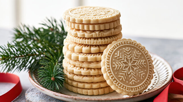 Decorated Christmas cookie stack on ceramic plate beside pine branch and red ribbon creates festive holiday warmth
