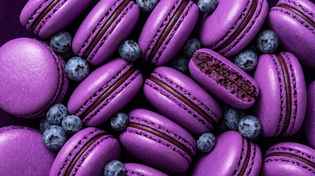 Top view of purple blueberry macarons with fresh berries