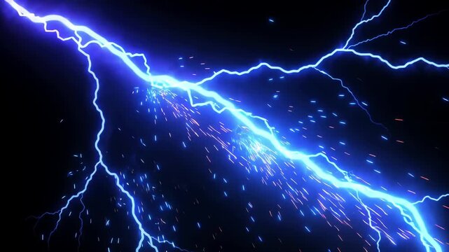 Powerful blue lightning bolt flashing and crackling across a dark black background with electrical sparks and branching veins of energy