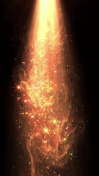 Vertical shot of a single intense spotlight beam cutting through a dark void with shimmering dust particles floating slowly in the light