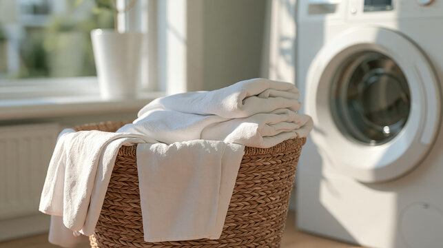 Woven basket of folded white linen beside front loading washing machine in bright laundry room