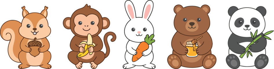 Obraz premium A collection of five cute cartoon animals including a squirrel monkey rabbit bear and panda.
