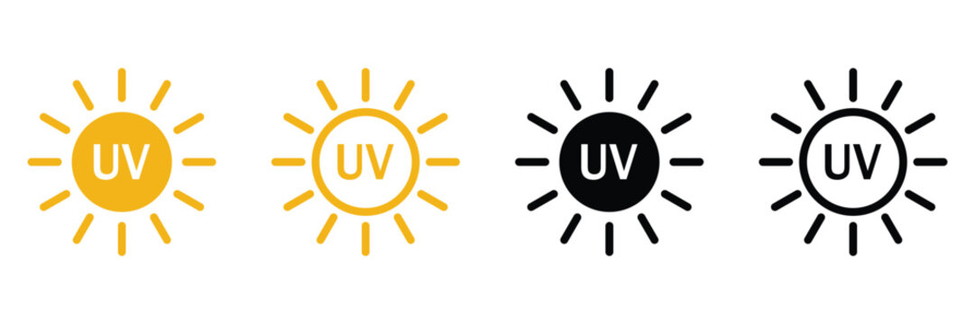 UV Protection Sun Icon Set with Ultraviolet Radiation, Sun Safety and Skin Care Shield Symbols Vector