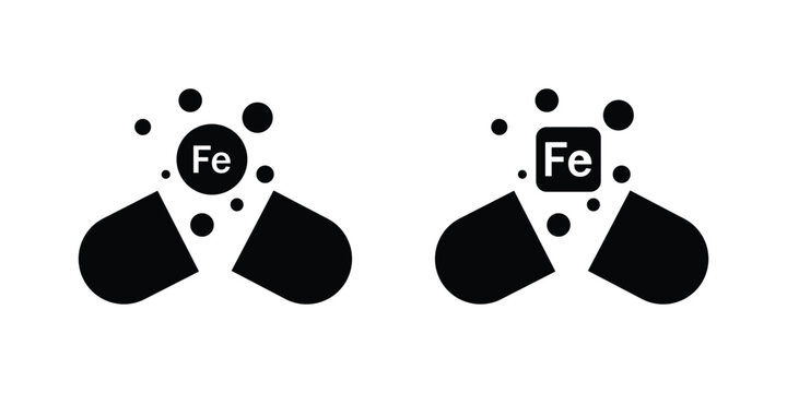 Iron Supplement Capsule Icon Set in Outline and Solid Styles for Healthcare, Nutrition and Mineral
 Concept Vector