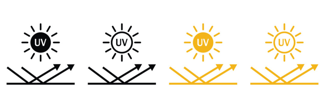 UV Protection Sun Icon Set with Ultraviolet Radiation, Sun Safety and Skin Care Shield Symbols Vector